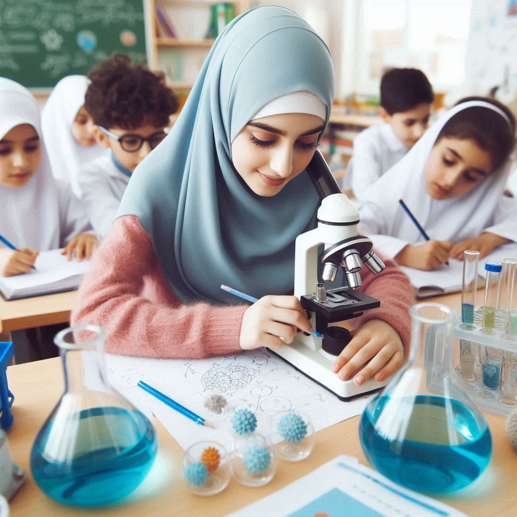 معلم و دانش اموزان در کلاس علوم 